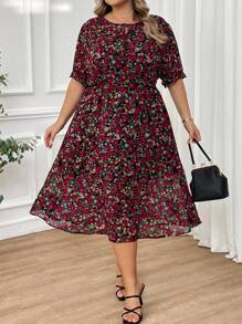 SHEIN CURVE+ Large Print Tie Collar And Waistband Summer Dress, Vacation Dress Boho Vacation