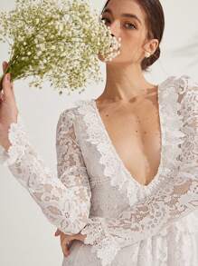 Aveloria Rosie 法式复古优雅高端蕾丝分层荷叶边V领长袖连衣裙，淑女唯美，情人节礼物 - 白色 - 查看 2