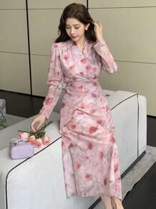 DAZY 女式花卉印花 V 领收腰连衣裙，粉色，假日和度假海滩，春秋季挤奶女工连衣裙长袖连衣裙
