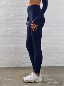 Musera Sport Ribbed High Waist Contour Activewear Leggings, Padel, Tennis, Pickleball Gym Fitness - Navy Blue - View 3