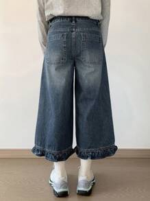 DAZY Women's Ruffled Hem Cropped Wide Leg Jeans - Medium Wash - View 4