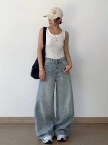 DAZY Women's Polka Dot Rhinestone Embellished Straight-Leg Jeans - Light Wash - View 5