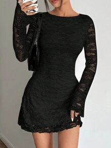 SHEIN EZwear Women's Black Lace Bell Sleeve Mini Dress,Summer Dresses,Business Casual Woman