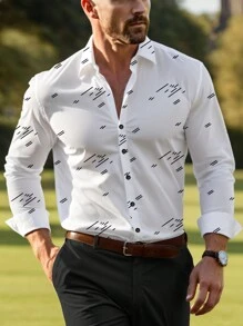 Manfinity Mode 男式线条印花长袖单排扣休闲衬衫 - 白色 - 查看 3