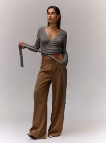 MUSERA V Neck Wrap Tie Top Casual Summer Spring Vacation Airport Holiday Back To School Fall Autumn - Dark Grey - View 4