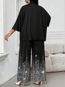 SHEIN Lady 2pcs/Set Plus Size Stand Collar Long Sleeve Printed Minimalist Top And Skirt Set - Silver - View 2