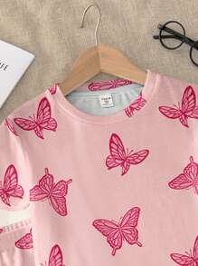 SHEIN Leap Crew Tween Girl 粉色蝴蝶图案休闲 T 恤和短裤针织面料睡衣套装，贴身合身，适合春夏季、情人节 - 彩色 - 查看 3