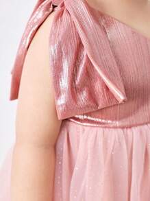 SHEIN Fern Glow  Babygirl Cute Elegant Pink Mesh Bow Sleeveless Dress, Spring/Summer
