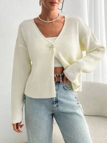 SHEIN Tall White Cardigan With Bow Women Knitwear,Long Cardigans Woman,Petite Cardigans,Cardigans - White - View 3