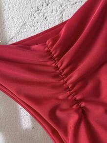 Swim Chiccia 1 件女式春假纯色丁字裤比基尼泳裤，简约设计 - 中紫紅色 - 查看 4