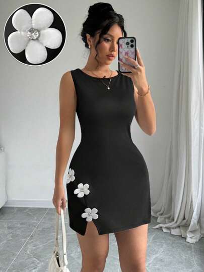 Rafferiza Vestido mini con decoración floral, estilo francés, sin mangas y con abertura