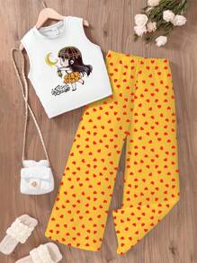 Tween Girls Moon & Lantern Printed Camisole Top + Heart Print Pants 2pcs Comfy Casual Set, Suitable For Spring & Summer - Multicolor - View 1