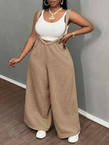 Slaydiva Plus Size Khaki Solid Color Elastic Waist Wide Leg Casual Palazzo Pants,Flowy Pants