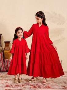 SHEIN Tween Girls' Loose V-Neck Layered Textured Fabric 3/4 Sleeve A-Line Dress - Red - View 2