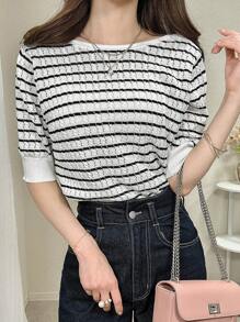 FRIFUL Women Stripe Round Neck Short Sleeve Tie-Up Thin Cardigan - White - View 5