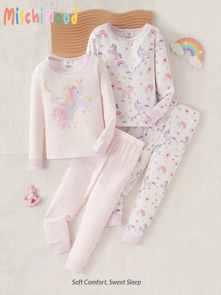 4pcs/Set Girls Casual Purple Unicorn Print Embroidered Long Sleeve Top And Tight Fit Pants Homewear Set, Snug Fit - Mauve Purple - View 1