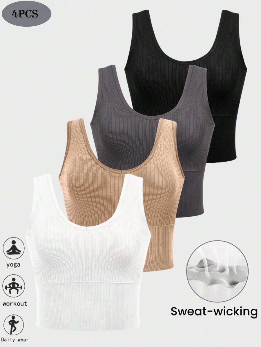 SHEIN Sports Top de tank de acanalado sólido para mujer, informal y para hacer ejercicio