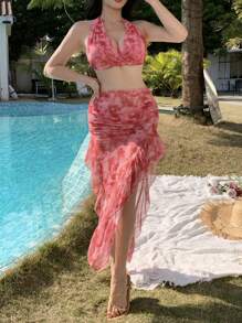 DAZY 女士印花性感挂脖比基尼套装，适合夏季海滩度假、节日派对、邮轮旅行等场合。 - 粉色 - 查看 2