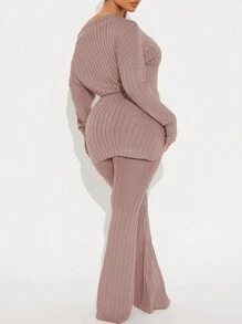 SHEIN EZwear 2pcs Plus Size Solid Color Asymmetrical Neck Long Sleeve Twist Detail Casual Top & Pants Set - Dusty Pink - View 2