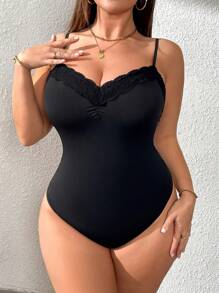 SHEIN Essnce 大码女式纯色细肩带荷叶边休闲紧身衣 - 黑色 - 查看 2