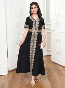 SHEIN 青少年女孩优雅 V 领短袖缀饰 A 字裙 - 彩色 - 查看 6