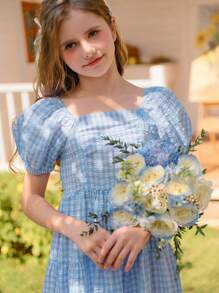 SHEIN Tween 女童蓝白格子纹理面料泡泡袖方领收腰连衣裙，优雅甜美度假乡村风格 - 藍色 - 查看 2