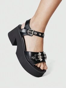 ROMWE Grunge Punk 女士朋克风格圆头厚底 PU 皮革多带坡跟凉鞋，适合毕业照、专业场合 - 黑色 - 查看 3