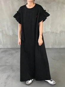 FRIFUL Women Oversize Black Long Dress With Ruffle Hem & Heart Embroidery, Casual Summer Outfit Sundress