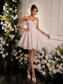 Lovelzi Elegant And Romantic White Lace Tube Tutu Dress Suitable For Parties, Dates, Vacations, Wedding Events, Coming Of Age Ceremony, Back To School Season, Bridal Shower Dress, Little White Dress,Bride - White - View 4