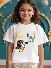 SHEIN 1pc Young Girls Ramadan Mubarak Fashionable Casual Muslim Lantern Graphic Print Round Neck Short Sleeve T-Shirt, Muslim Young Girl Clothing - White - View 1