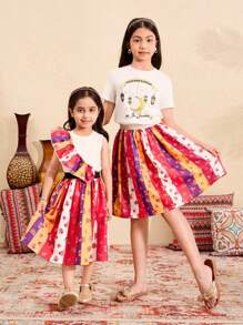 SHEIN 2件組少女荷葉袖上衣與裙子套裝 Broken Spring 復古印花女孩套裝，適合家庭活動等場合 - 白色 - 查看 3