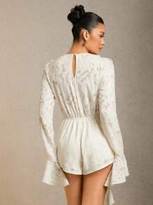 L'Amorae Summer Women Outfit, Women Clothes, Romantic Elegant White Floral Jacquard Ruffle Flounce Sleeve Romper, Women Rompers. For Date Night, Concerts, Performances, Wedding, Parties, Evening, Music Festivals