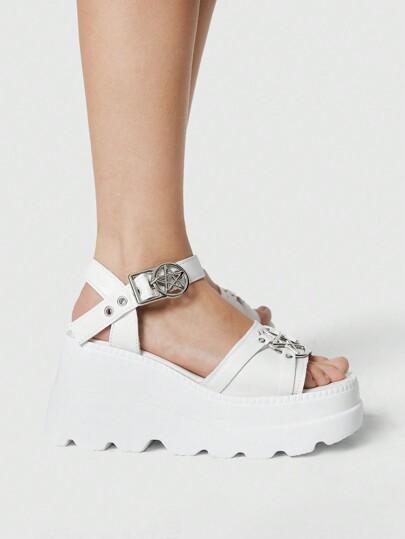 Grunge Punk Women's Gothic Punk Style Star Embellished Open Toe Sandals With Metal Chain And Buckle Strap, Platform Wedge Beach Party Dress Shoes