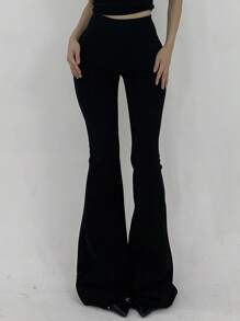 Strévra Women High Stretch Solid Color Simple Skinny Flare Pants, Casual Daily Wear