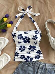 Soleia Bohemian ,Boho, Floral ,Vacation, Floral 4th Of July Tops Vacation Tops Beaded Top Peplum Top Party Tops Cami Top Camisole Top 4th Of July Women Crop Tops For Women Vacation Elegant Knitted Stretchy Printed Halter-Neck Tie Bow Short Blouse For Women,Summer For Women,St Patrick Day, St Patrick Day,Party