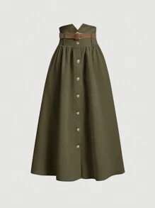 SHEIN MOD 军绿色高腰金属扣半身裙（配腰带）