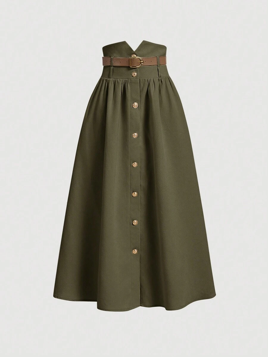 SHEIN MOD 军绿色高腰金属扣半身裙（配腰带）