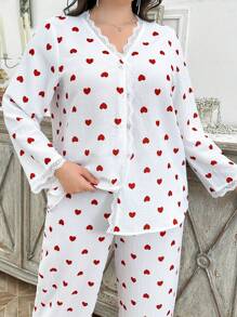 CottageSlumber Plus Summer Heart Print Lace Patchwork Long Sleeve Top & Long Pants Pajama Set, For Valentine's Day