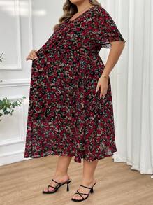 SHEIN CURVE+ Large Print Tie Collar And Waistband Summer Dress, Vacation Dress Boho Vacation