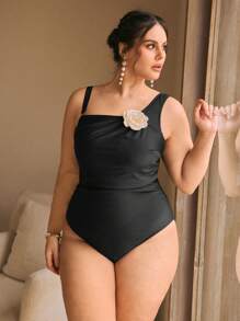 SHEIN Swim Curve Plus Size Women's Black One-Piece Swimsuit With Oblique Strap And Floral Decor, Stylish For Vacation And Leisure For Summer Beach Vacation - Black - View 5