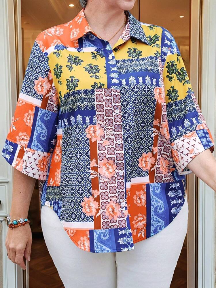 Plus Size Women Floral Print 3,4 Sleeve Single-Breasted Casual Shirt Vacation Woman Spring Summer