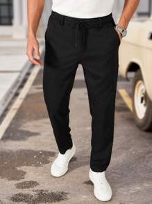 Manfinity Mode Pantalones casuales y versátiles de hombre con cordón a la cintura y unicolor - Negro - Ver 3