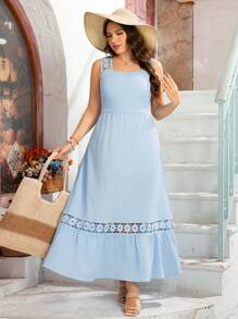 Breezaya Plus Size Women's Valentine's Day Woven Lace Patchwork Sleeveless Regular Fit Elegant Blue Midi Dress, Summer Outfits For Women, St. Patrick's Day Rave Outfits, Spring Break Outfits, St. Patrick's Boho