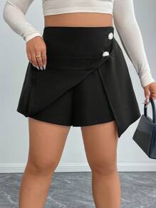 SHEIN Unity Plus Size Women's Elegant Woven Fabric Solid Color A-Line Rhinestone Button Shorts, Suitable For Commuting