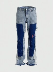 ROMWE MEN Street Life Men's Loose Fit Color Block Straight Leg Jeans With Pockets - Blue - View 6