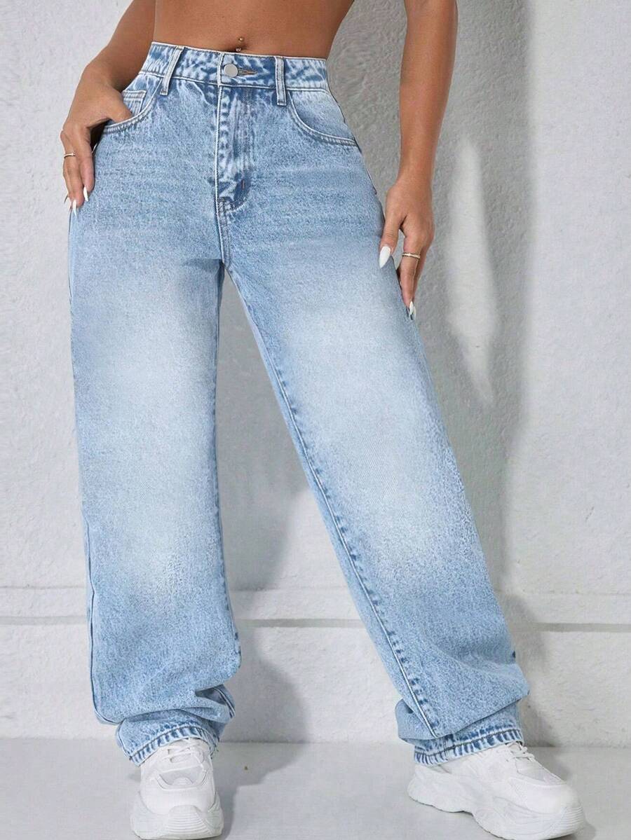 Women Vintage Washed Loose Straight-Leg Jeans - Light Wash - View 1