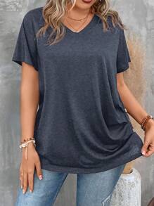 SHEIN Clasi Áo thun nữ tay ngắn xếp ly cổ chữ V trơn cỡ lớn - Màu xanh hải quân - Xem 4