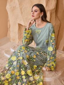 Al Najma Women's Round Neck Embroidered Romantic Modest Elegant Arabic Style Dress, Spring And Summer, Arabian Dresses - Multicolor - View 5