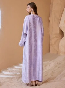 Layrah 定制亮片绣花领提花面料年轻时尚奢华女装、卡夫坦和贾拉比亚、女士奢华晚礼服、端庄 - 淡紫色 - 查看 2