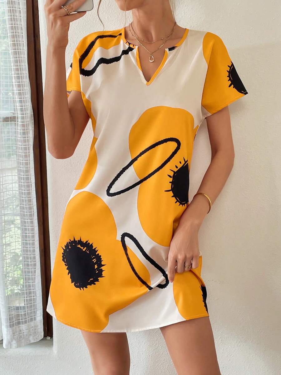 SHEIN Essnce Women's Vacation Floral Print V-Neck Short Sleeve Dress - Yellow - View 1